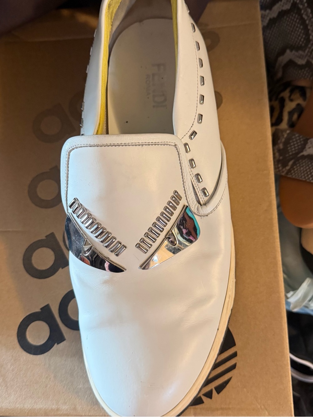 Fendi White Leather Slip-On Loafers with Silver Accent